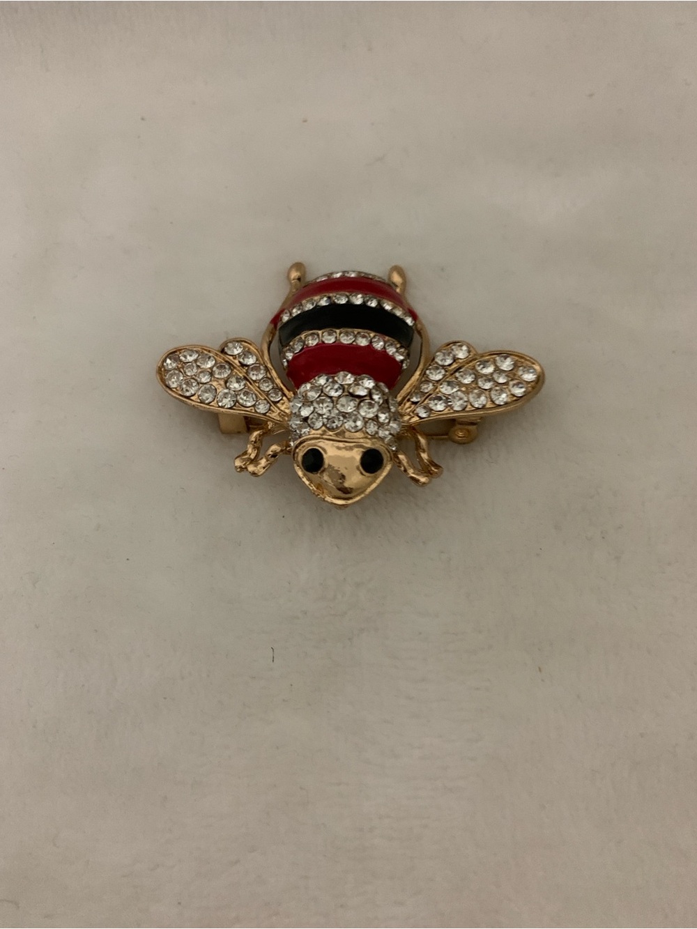 Gold Bee Brooch with Red and Black Enamel and Crystal Accents